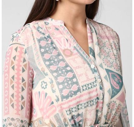 Women's Polyester Printed Long Sleeves Above Knee Dress (Light Pink - Off White)
