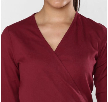 Women's Cotton Solid 3-4th Sleeves Above Knee Dress (Maroon)