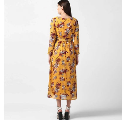 Women's Polyester Floral Long Sleeves Calf-length Dress (Yellow)