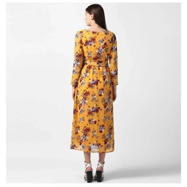 Women's Polyester Floral Long Sleeves Calf-length Dress (Yellow)