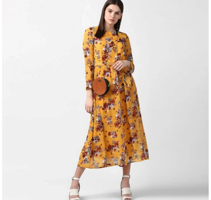 Women's Polyester Floral Long Sleeves Calf-length Dress (Yellow)