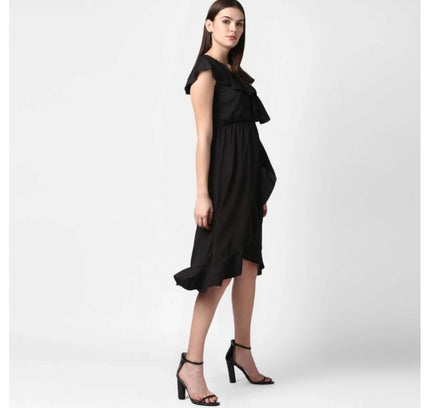 Women's Polyester Ruffled Cap Sleeve Knee-Length Dress (Black)