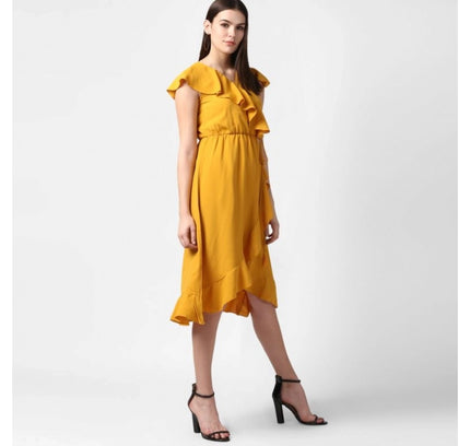 Women's Polyester Ruffled Cap Sleeve Knee-Length Dress (Yellow)