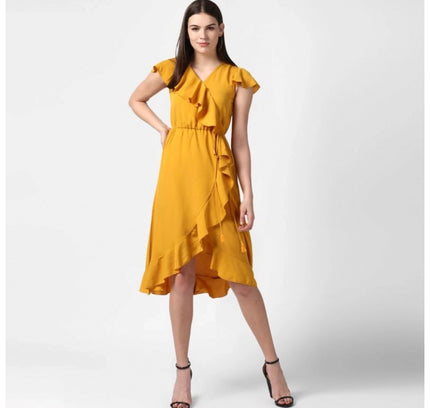Women's Polyester Ruffled Cap Sleeve Knee-Length Dress (Yellow)