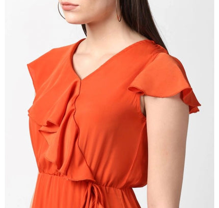 Women's Polyester Ruffled Cap Sleeve Knee-Length Dress (Orange)