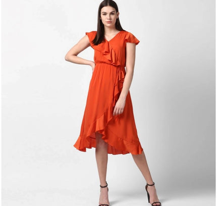 Women's Polyester Ruffled Cap Sleeve Knee-Length Dress (Orange)