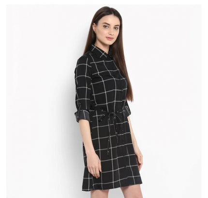Women's Polyester Checkered Roll Up Sleeve Above Knee Dress (Black - White)