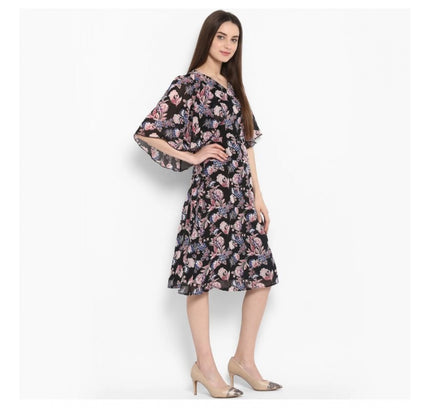Women's Polyester Floral Short Sleeve Knee-Length Dress (Black - Multicolor)