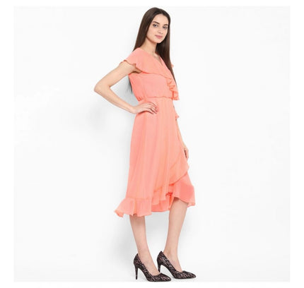 Women's Polyester Ruffled Cap Sleeve Below Knee Dress (Neon Pink)