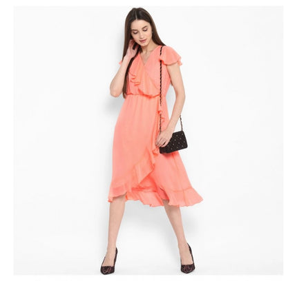 Women's Polyester Ruffled Cap Sleeve Below Knee Dress (Neon Pink)