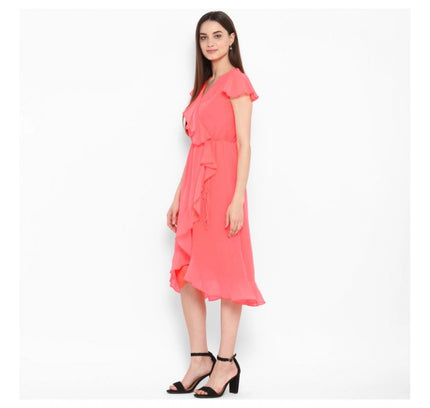 Women's Polyester Ruffled Cap Sleeve Below Knee Dress (Coral Pink)