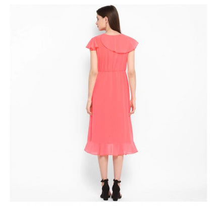 Women's Polyester Ruffled Cap Sleeve Below Knee Dress (Coral Pink)