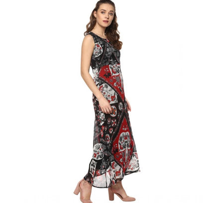 Women's Polyester Printed Sleeveless Dress (Red - Black)