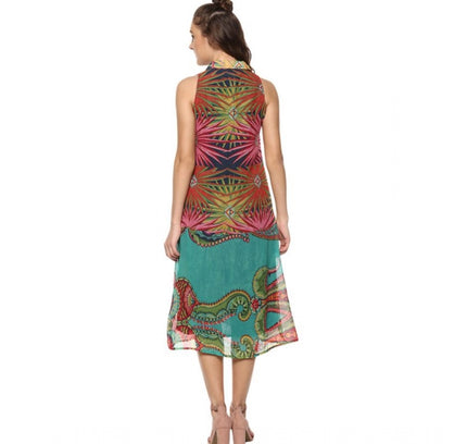 Women's Polyester Floral Sleeveless Below Knee Dress (Multicolor)