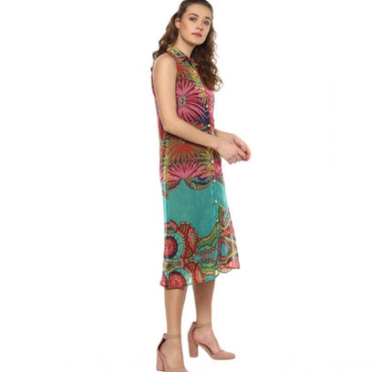 Women's Polyester Floral Sleeveless Below Knee Dress (Multicolor)