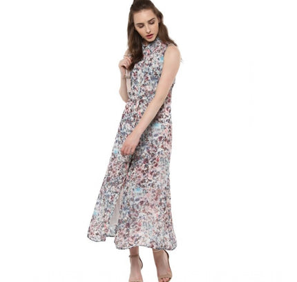 Women's Polyester Chiffon Printed Sleeveless Dress (Multicolor)