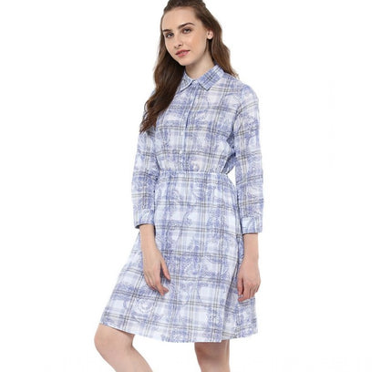 Women's Cotton Checkered Roll Up Sleeve Above Knee Dress (Blue)