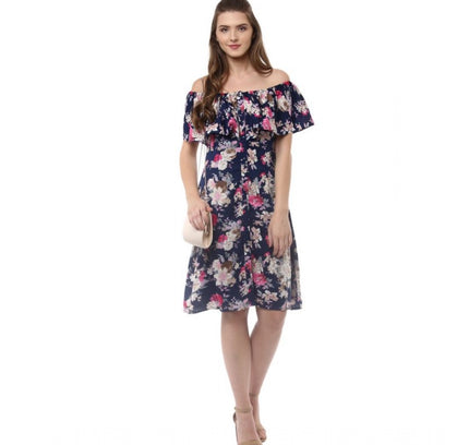 Women's Polyester Crepe Floral Half Sleeve Above Knee Dress (Navy Blue)