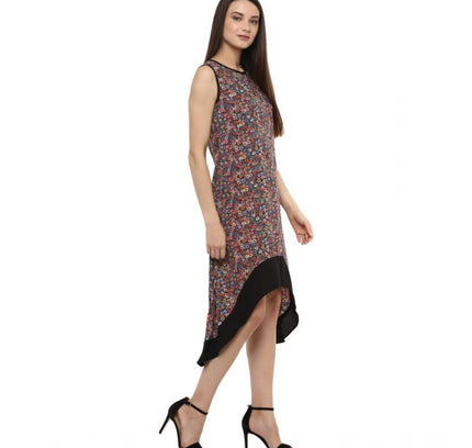 Generic Women's Polyester Printed Sleeveless Knee-Length Dress (Multicolor)