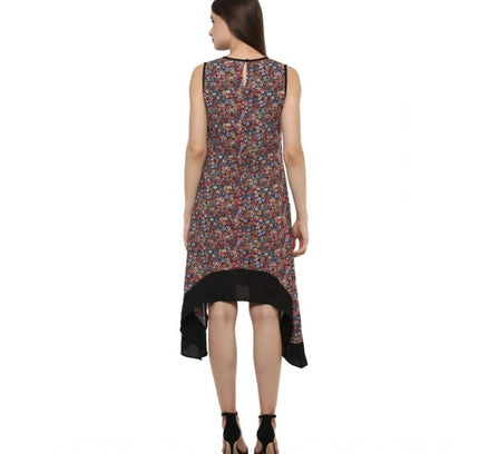 Generic Women's Polyester Printed Sleeveless Knee-Length Dress (Multicolor)