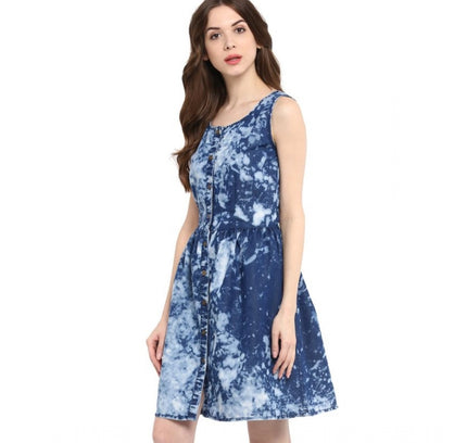 Women's Denim Tie &amp; Dye Sleeveless Above Knee Dress (Blue)