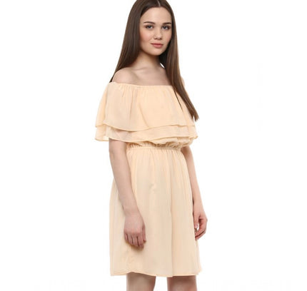 Women's Polyester Solid Sleeveless Knee-Length Dress (Beige)