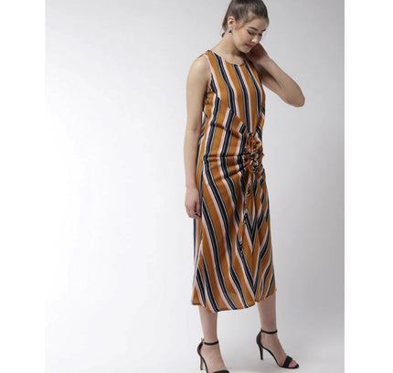 Women's Polyester Striped Sleeveless Below Knee Dress (Mustard)