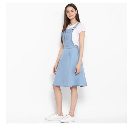 Women's Denim Solid Sleeveless Above Knee Dress (Blue)