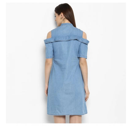 Women's Denim Solid Cold Shoulder Above Knee Dress (Blue)