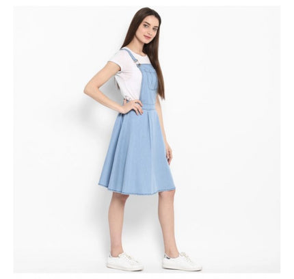 Women's Denim Solid Sleeveless Above Knee Dress (Blue)