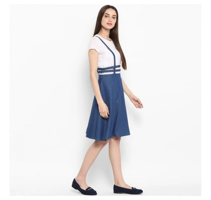 Women's Denim Solid Shoulder Straps Below Knee Dress (Blue)