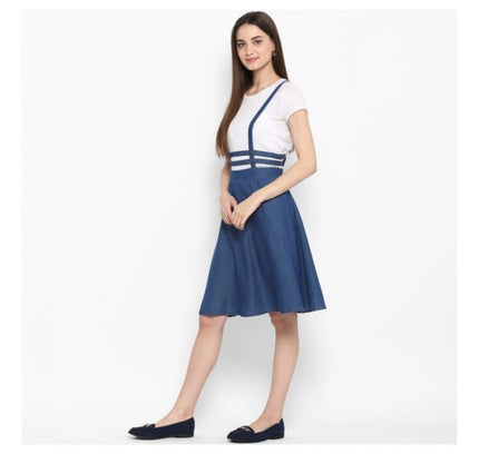 Women's Denim Solid Shoulder Straps Below Knee Dress (Blue)