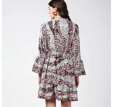 Women's Polyester Animal Print Bell Sleeve Above Knee Dress (Pink - Black)