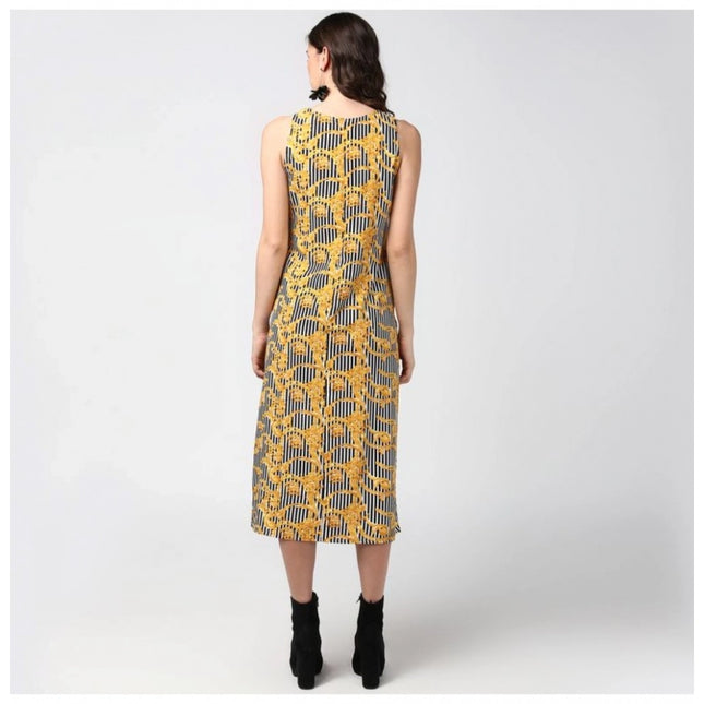 Women's Polyester Chain Print Sleeveless Below Knee Dress (Yellow - Black)