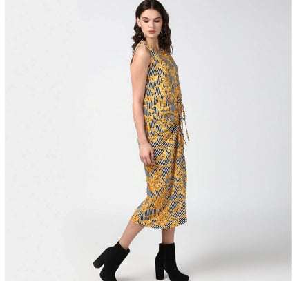 Women's Polyester Chain Print Sleeveless Below Knee Dress (Yellow - Black)
