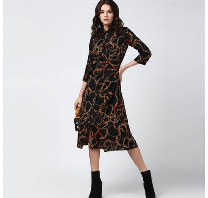 Women's Polyester Chain Print Roll Up Sleeve Below Knee Dress (Black - Yellow)
