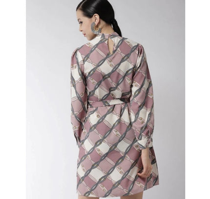 Women's Polyester Checkered Long Sleeves Above Knee Dress (Off White - Lavender)