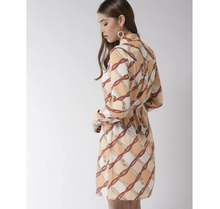 Women's Polyester Printed Roll Up Sleeve Above Knee Dress (Off White - Brown)