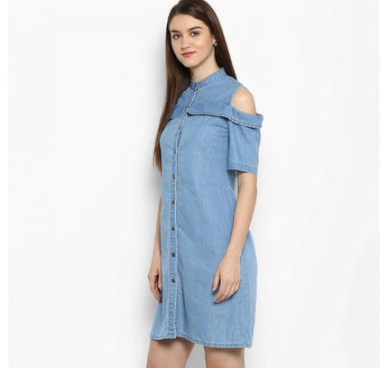 Women's Denim Solid Cold Shoulder Above Knee Dress (Blue)
