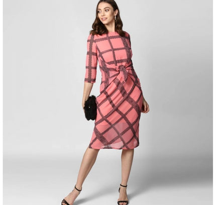 Women's Polyester Checkered 3-4th Sleeves Below Knee Dress (Pink - Black)