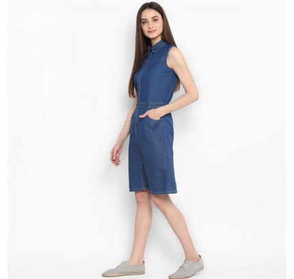 Women's Denim Solid Sleeveless Above Knee Dress (Blue)