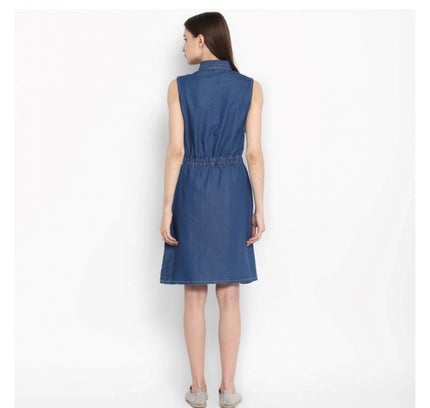 Women's Denim Solid Sleeveless Above Knee Dress (Blue)