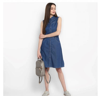 Women's Denim Solid Sleeveless Above Knee Dress (Blue)