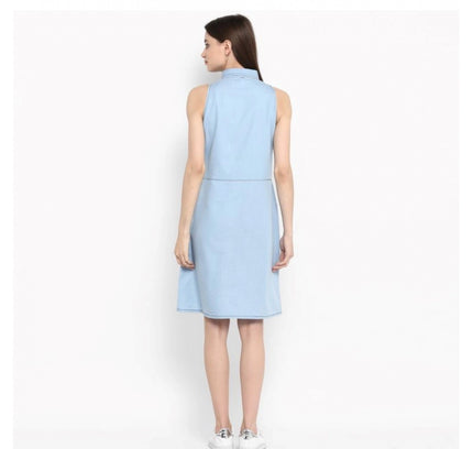Women's Denim Solid Sleeveless Below Knee Dress (Blue)