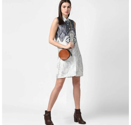 Women's Polyester Printed Sleeveless Above Knee Dress (Blue)