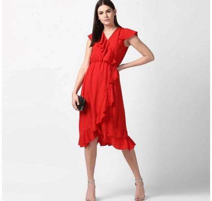 Women's Polyester Ruffled Cap Sleeve Knee-Length Dress (Red)