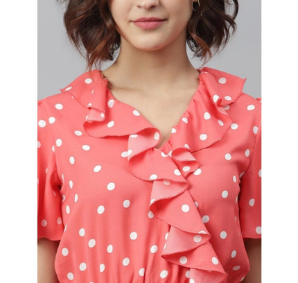 Women's Polyester Polka Flutter Above Knee Dress (Coral)