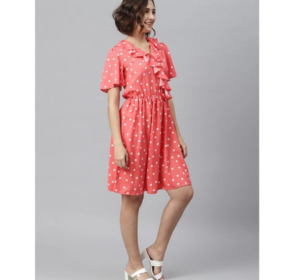 Women's Polyester Polka Flutter Above Knee Dress (Coral)