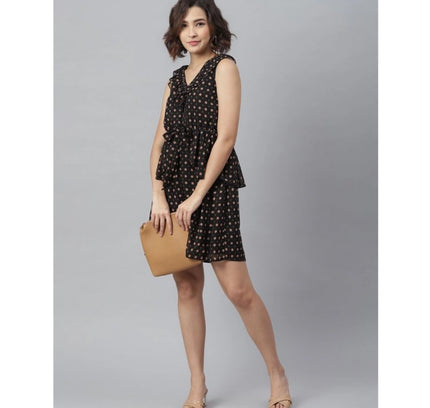 Women's Polyester Peplum Sleeveless Above Knee Dress (Black)