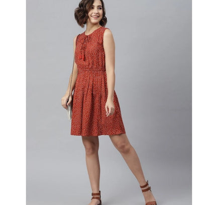 Women's Rayon Polka Sleeveless Above Knee Dress (Rust)